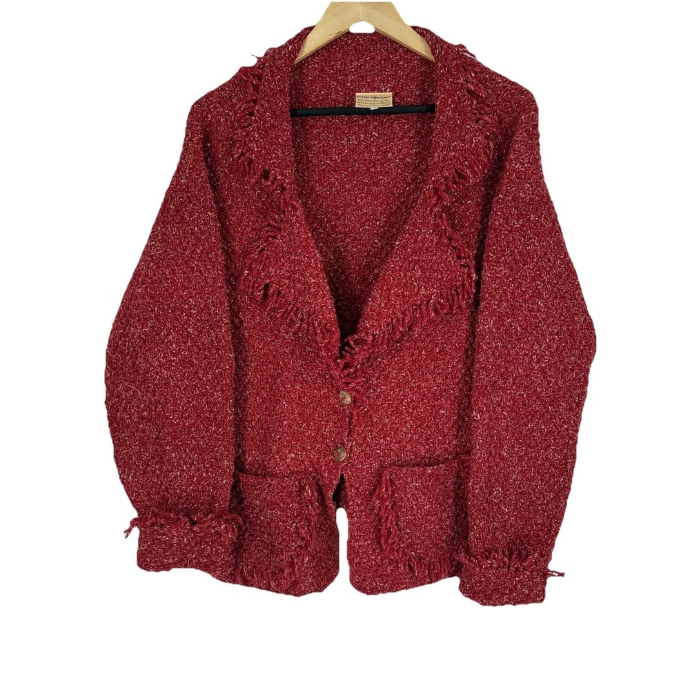 Purple Mountain Sweater‎ Cardigan Womens XL Red Wool Cotton Hand Knit Fringe